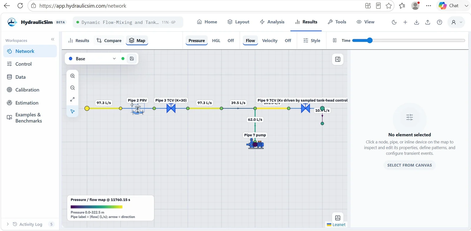 HydraulicSim results workspace with pressure and flow mapping, PRV, TCVs, pump and time controls